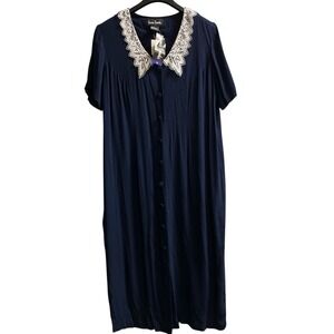 Vintage Jamie Brooke Dress 18 Blue Rayon Button Down Lace‎ Collar Modest Cottage